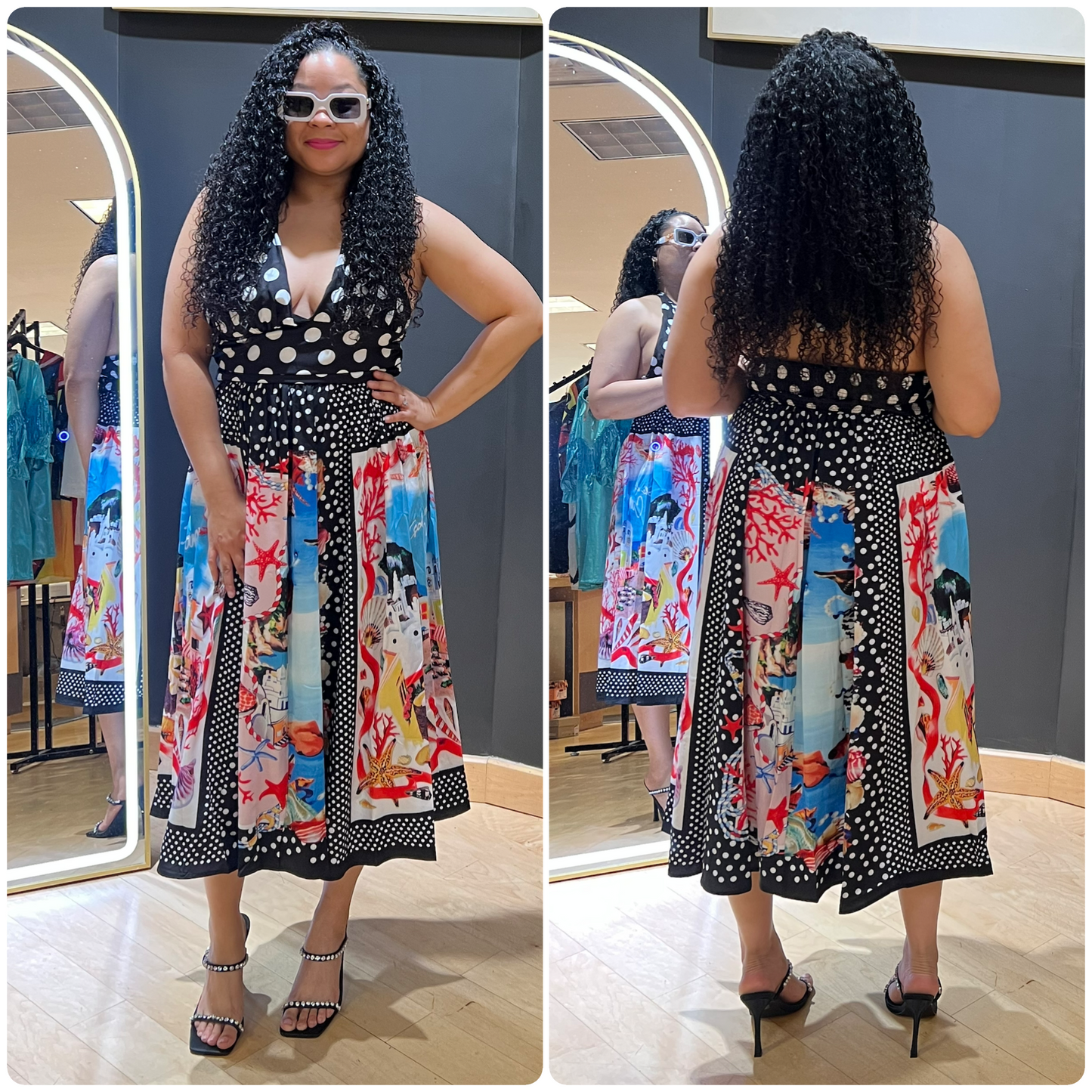 "Tureal Halter Dot Printed Bowknot Top And Skirt Two-Piece Set"