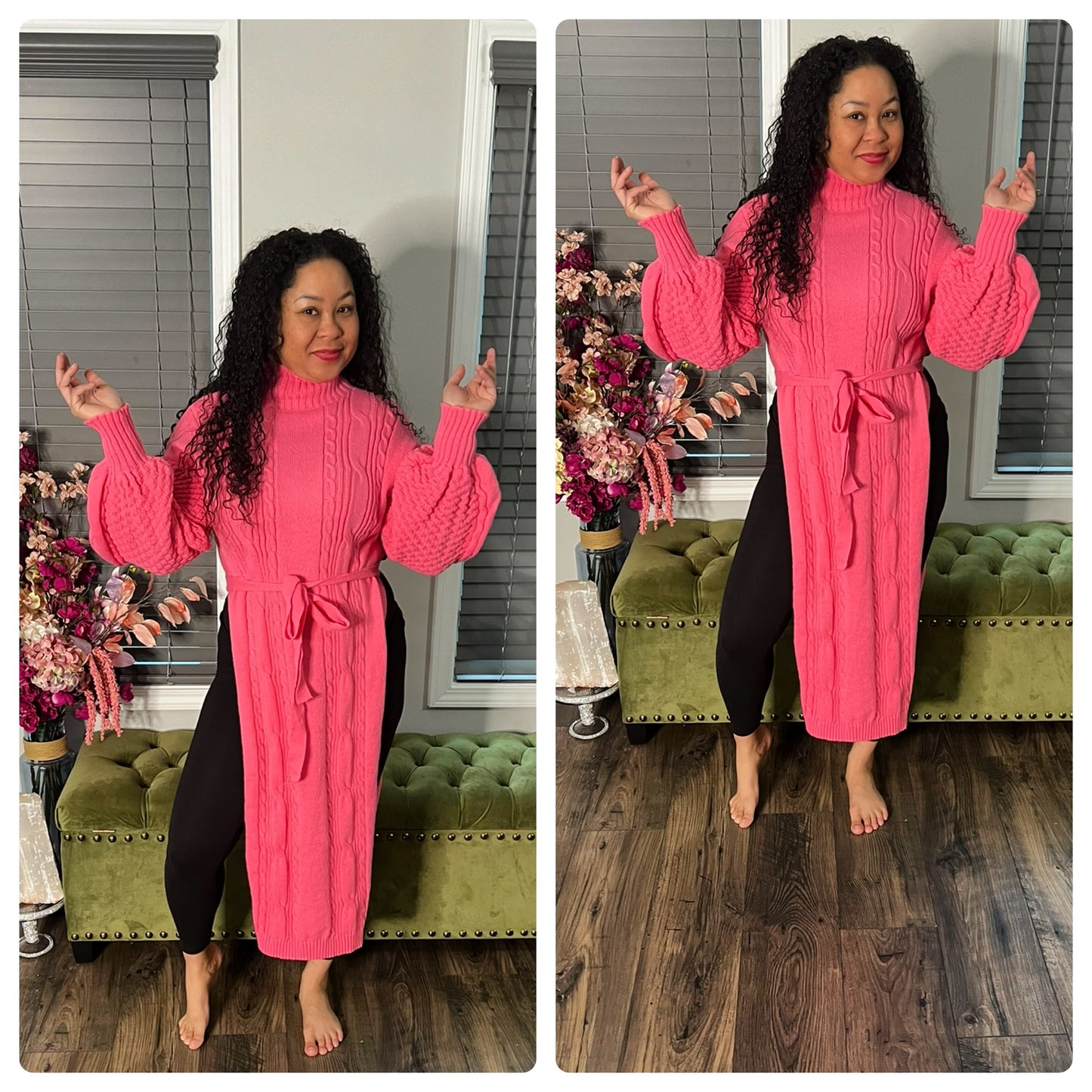 PINK KNIT NECK PUFF SLEEVES SWEATER