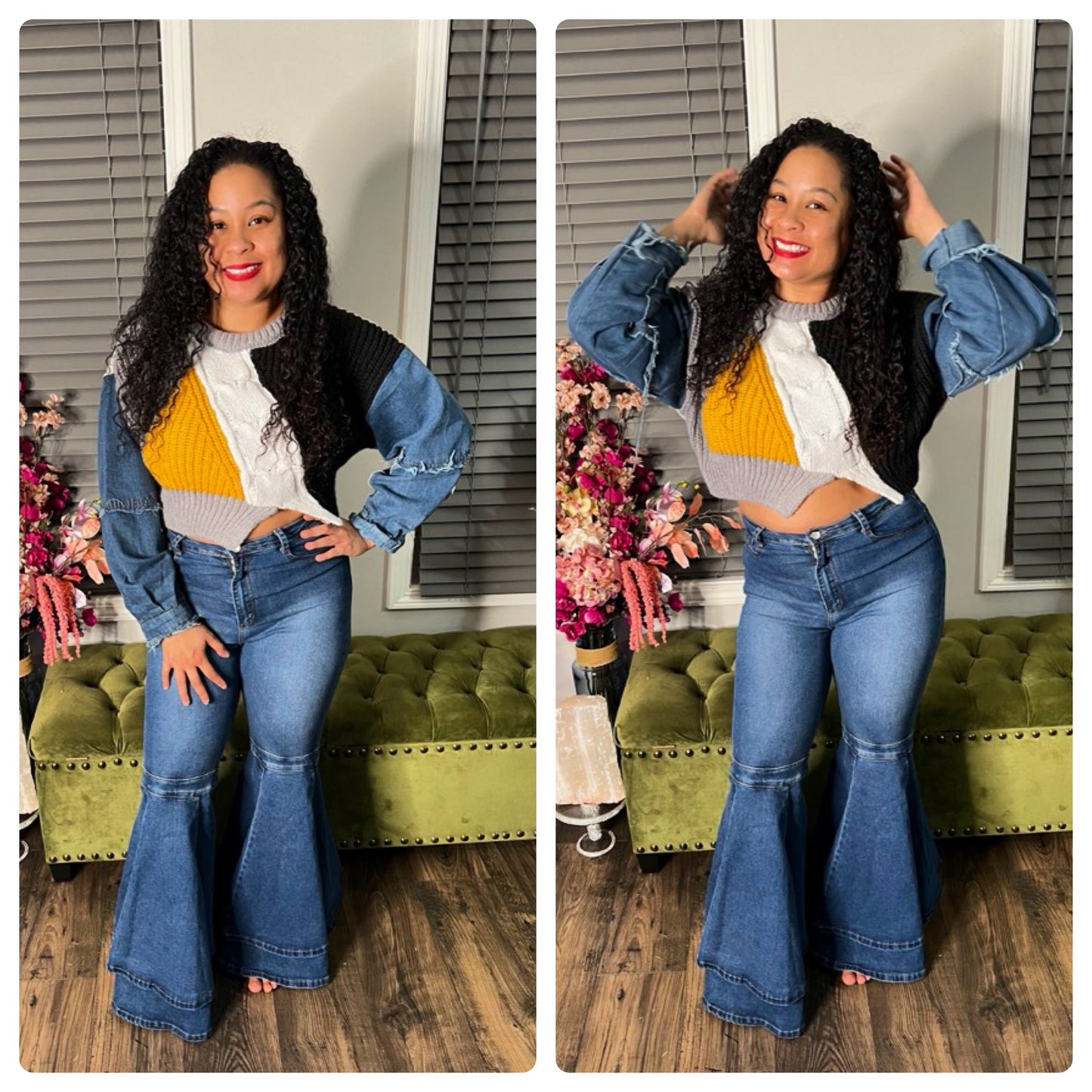 Denim Sleeves Crop Sweater