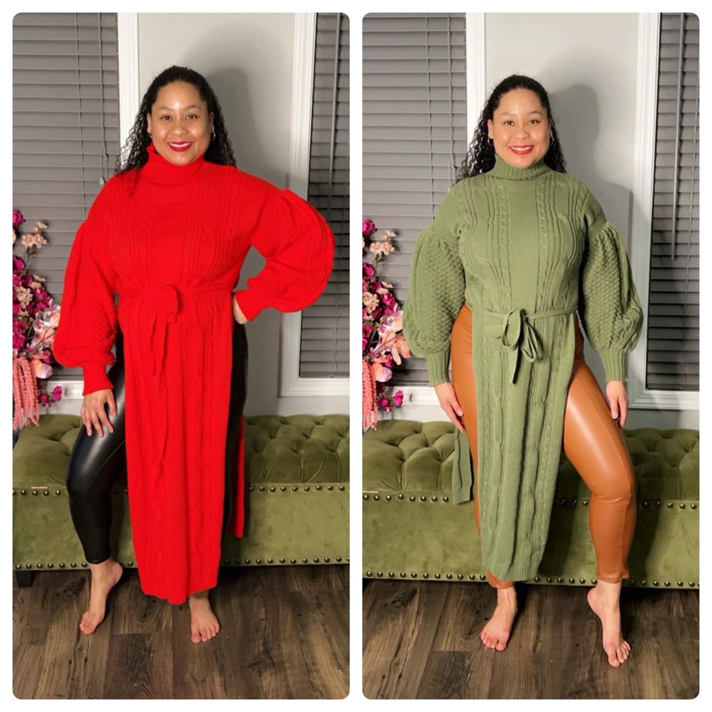 KNIT MOCK NECK PUFF SLEEVES SWEATER