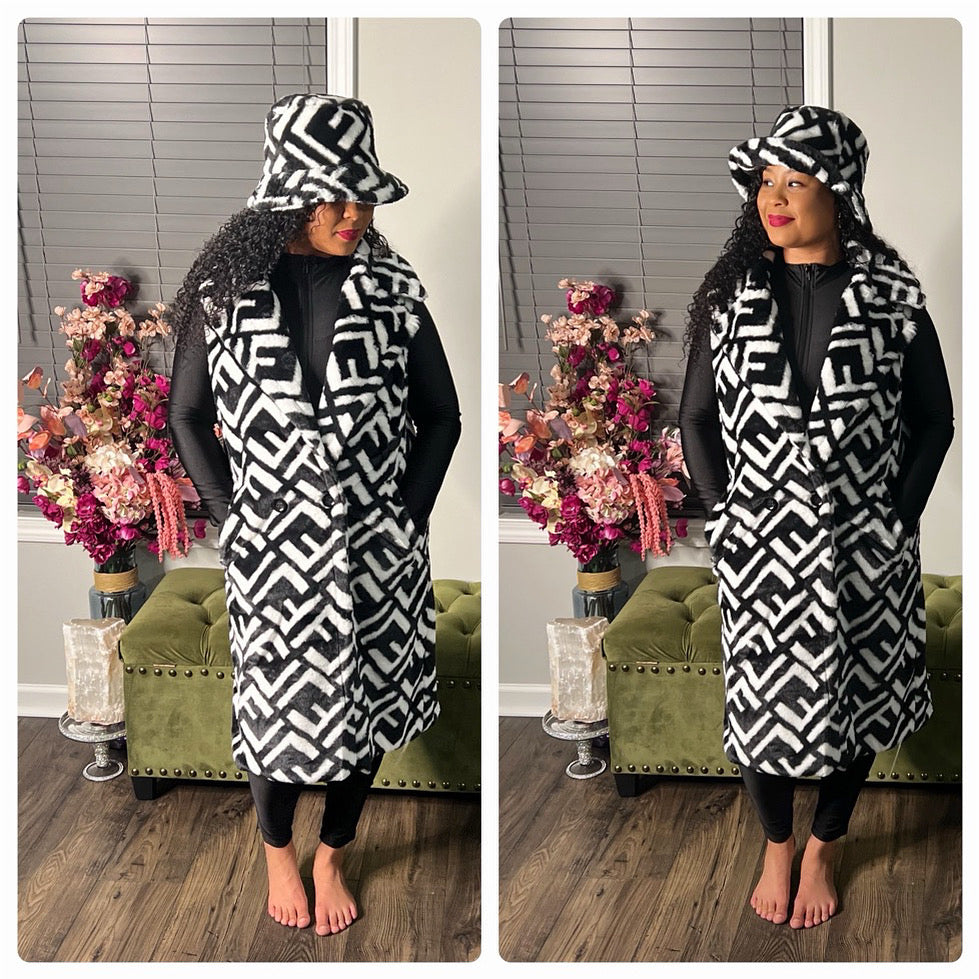 Black/White Fur Vest with Bucket Hat