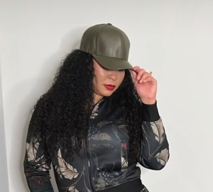 Olive Green Faux Leather Cap