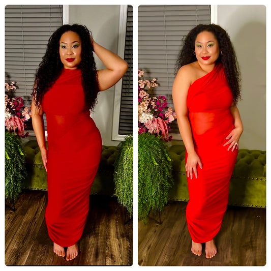 Red Mesh Ruched Dress (worn two different way)