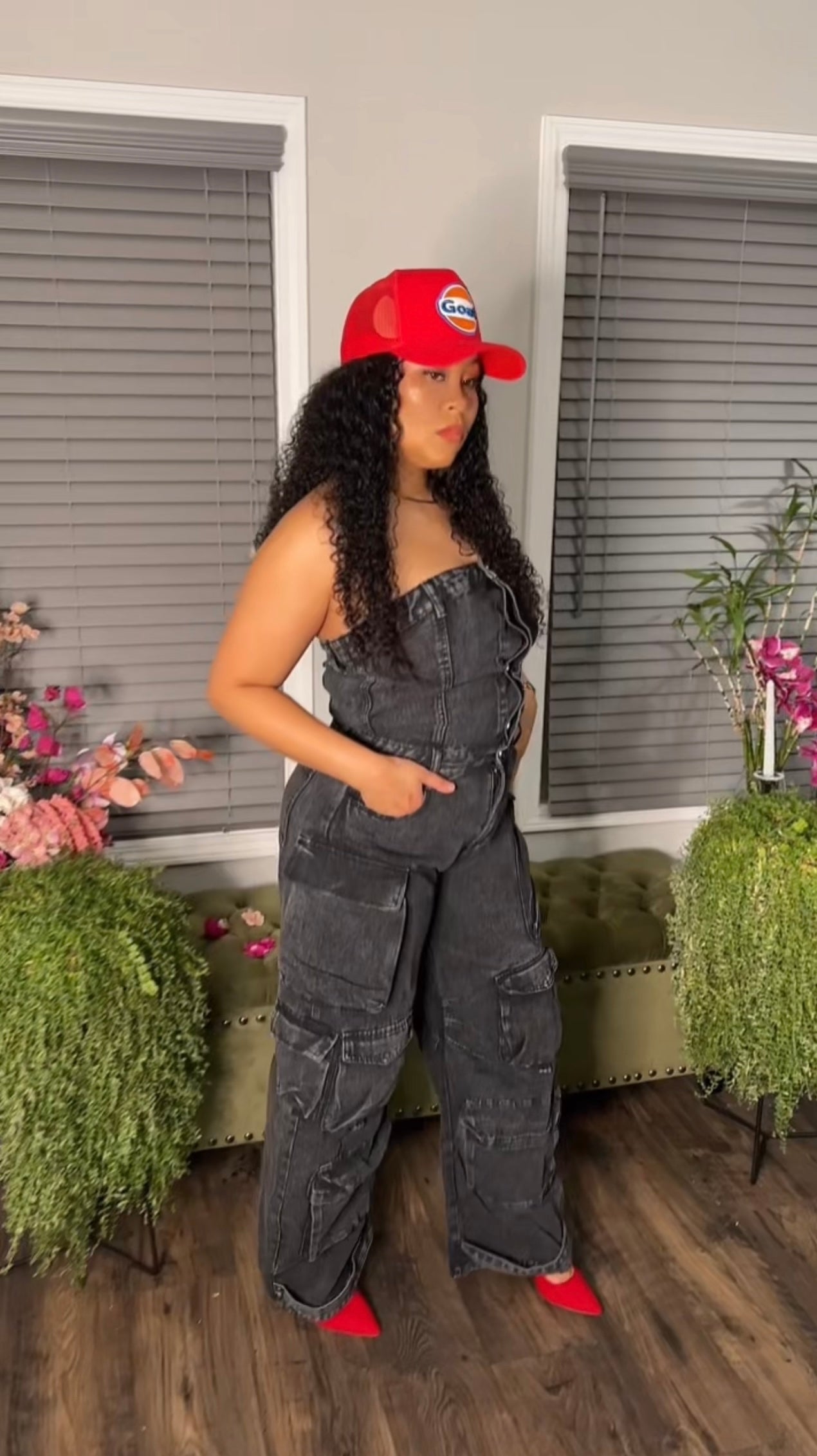 Denim Strapless Cargo Jumpsuit