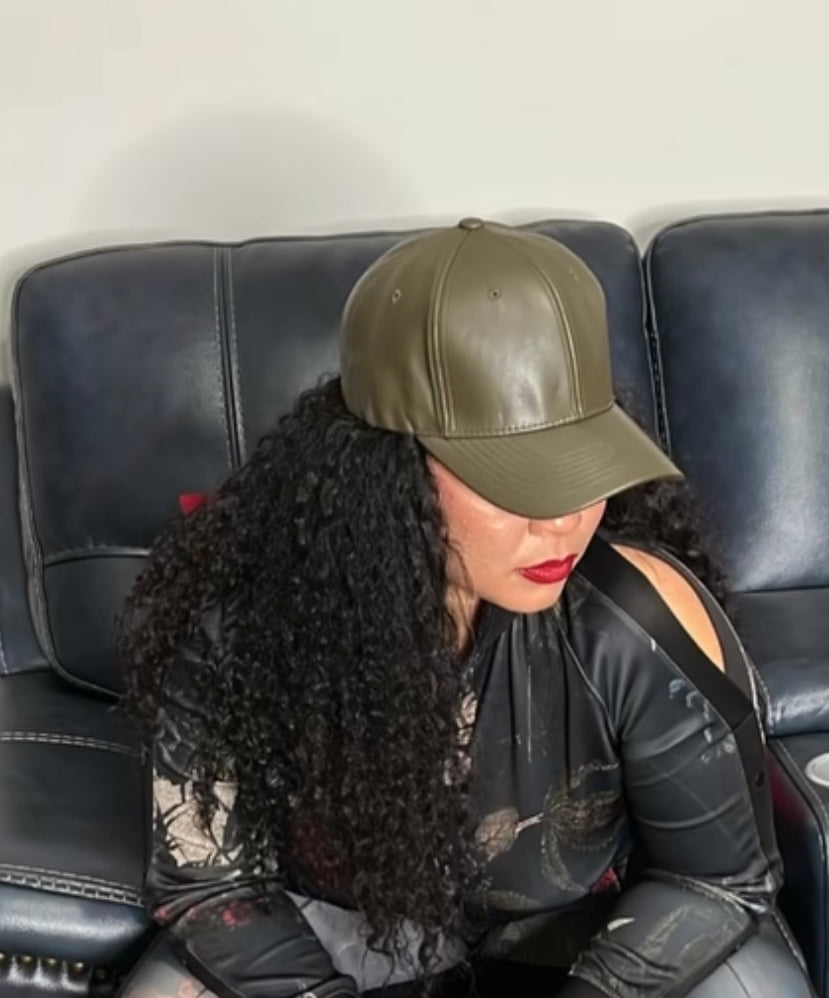 Olive Green Faux Leather Cap
