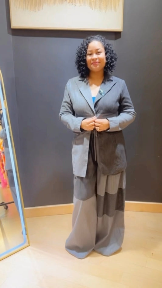 Grey Color-block Blazer and Pants Set