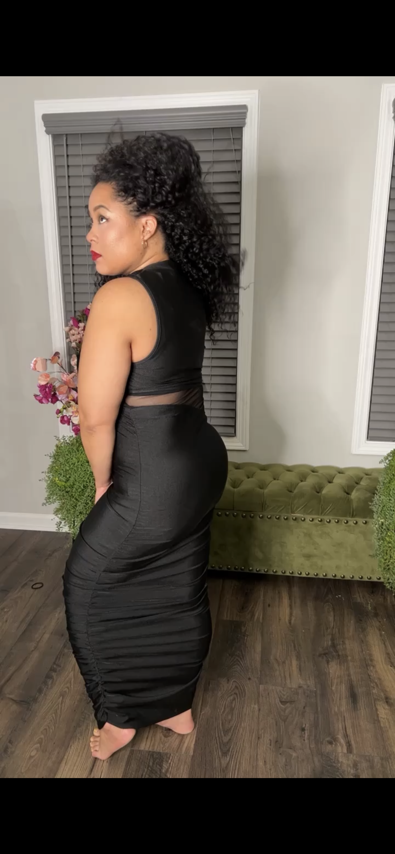 Black Mesh Rushed Dress