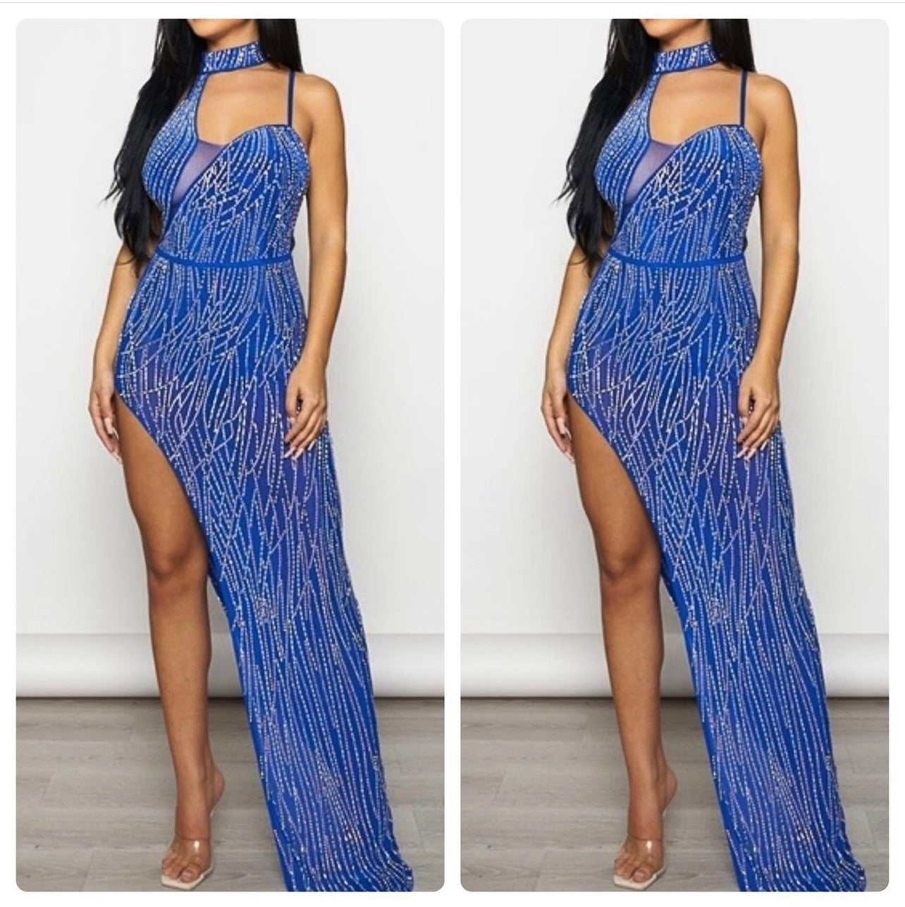 Sexy High Split Rhinestone Maxi Dress