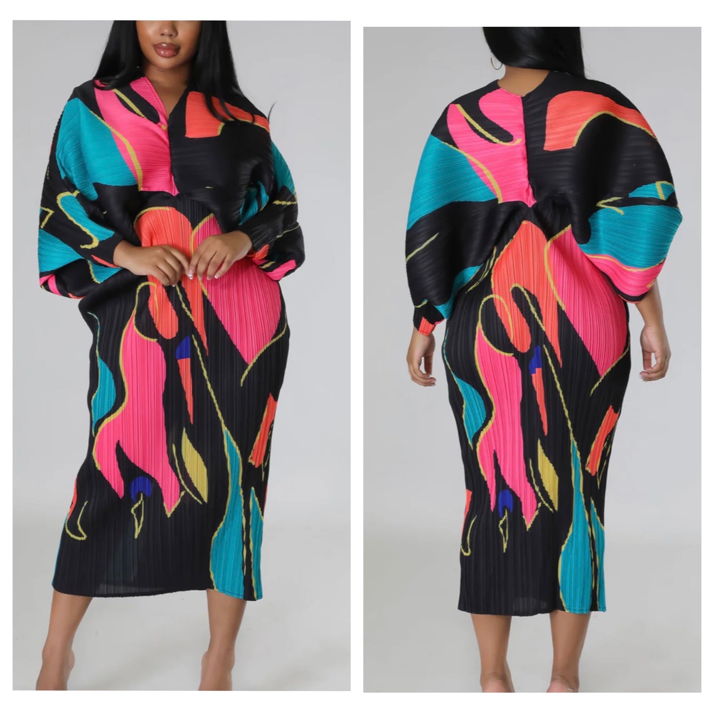 Pleated Balloon Sleeve Dress (Flame)